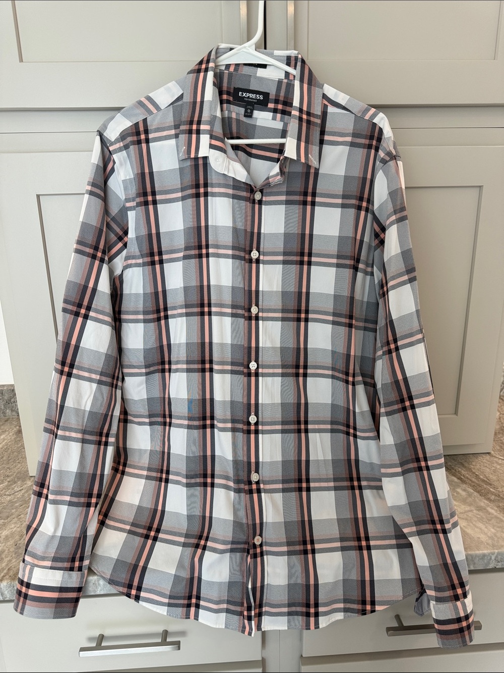 Express Plaid Button-Down Shirt in White, Gray and Pink